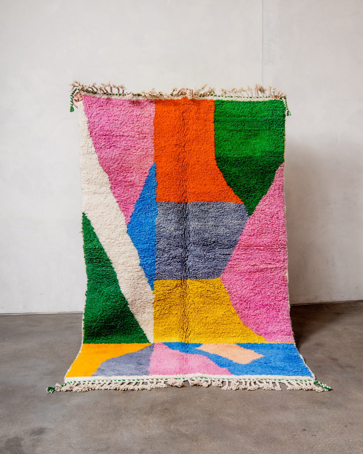 Modern, designer, handcrafted Berber rug from Morocco. Beniourain carpet with beautiful colours and patterns and fluffy wool texture.